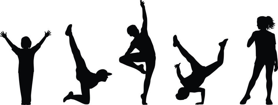 Diverse group of children silhouettes performing various dance and acrobatic poses on white background Keywords: children, kids