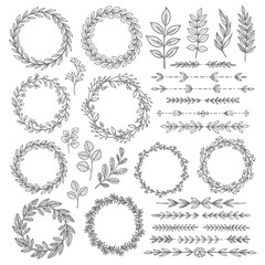 Obraz premium Collection of hand-drawn botanical wreaths, borders, and leaf design elements on an isolated white background.