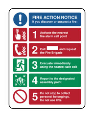 Fototapeta premium Fire Action Notice Sign – Emergency Evacuation Procedure, Activate Alarm, Call Fire Brigade, Assembly Point Instructions, Workplace Fire Safety Signage for Offices, Schools and Industrial Buildings