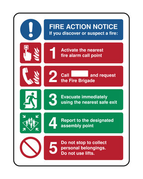 Fire Action Notice Sign &ndash; Emergency Evacuation Procedure, Activate Alarm, Call Fire Brigade, Assembly Point Instructions, Workplace Fire Safety Signage for Offices, Schools and Industrial Buildings