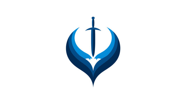 Elegant blue sword and abstract wings logo design, powerful graphic symbol, modern emblem illustration on white background