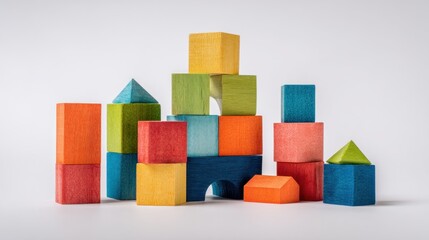 Stacked colored blocks form a playful castle on a white background, a child's construction with natural wood texture