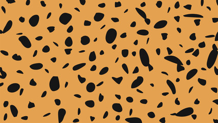 Random Leopard Spot Design. Cheetah Print Dot Pattern. Irregular Black Spot on Orange Background. Seamless Animal Graphic Style. Vector Illustration with Wild Inspired Polkadot © ROMAN RYBALKO