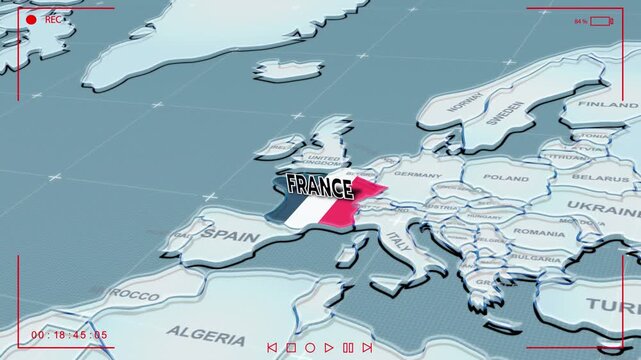 A 3D political map of Europe highlighting France in its national flag colors, france flag, france map, Nearby countries like Spain, Germany, and Italy, Western Europe, animation