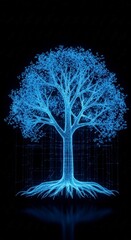 Mystical Blue Tree with Roots and Reflection.