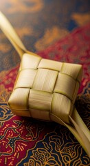 Traditional Woven Bamboo Container on Fabric.