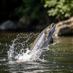 Fototapeta premium Salmon's Leap of Brilliance: A magnificent salmon leaps out of water, creating a stunning splash, showcasing its power and agility in its natural habitat. 
