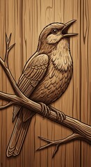 Carved Wooden Bird on Branch Sculpture.