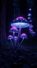 Glowing Mushrooms in Dark Forest Scene.