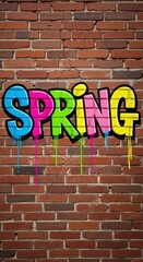 Colorful Spring Graffiti on Brick Wall.