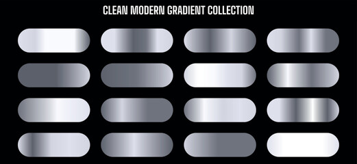 Vector silver metallic gradient swatches collection, chrome steel texture palette, shiny gray metal background set
