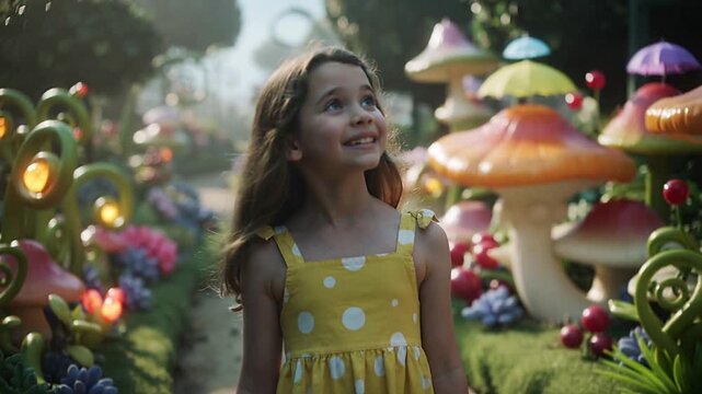 Smiling preteen girl exploring fantasy garden with giant mushrooms. Child wearing yellow polka dot dress in whimsical outdoor setting. Panning shot.