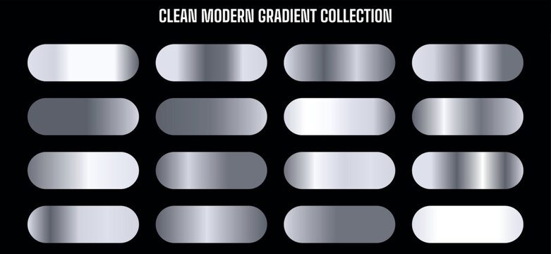 Vector silver metallic gradient swatches collection, chrome steel texture palette, shiny gray metal background set