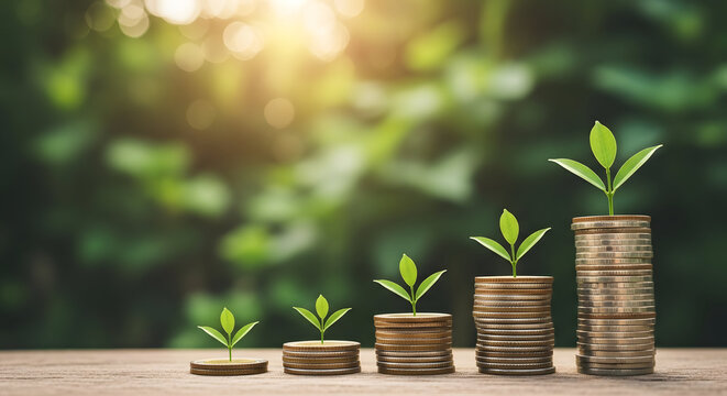 Coins stacked with small plants growing on top symbolizing financial growth