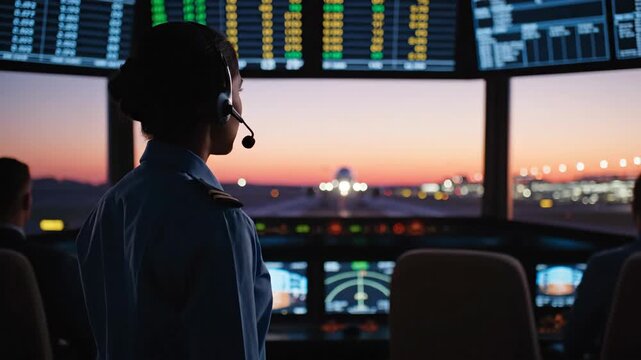 Air traffic controller or pilot in a control tower or simulator, observing an airport runway at dusk with multiple screens displaying flight data.