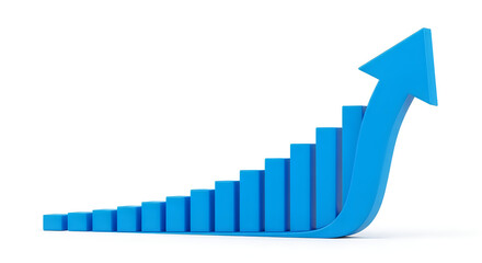 3D blue rising bar chart growth arrow financial success trend isolated on transparent background