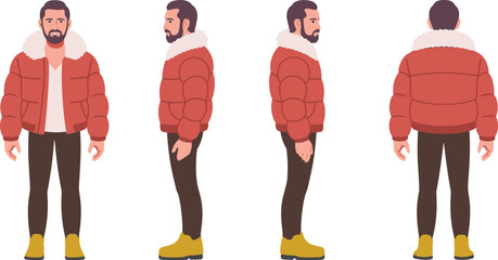 Male character turnaround with winter outfit, bearded man wearing red puffer jacket with fur collar, front side and back views flat vector illustration © Alexander