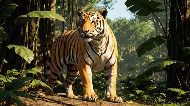 A majestic tiger standing on a fallen tree trunk in a dense jungle with lush greenery and dappled sunlight filtering through the trees.