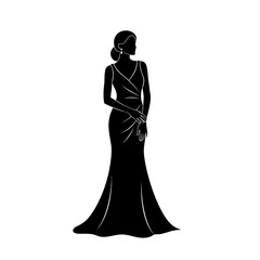 Naklejka premium Elegant woman in a flowing gown standing gracefully, posing confidently on an isolated white background.