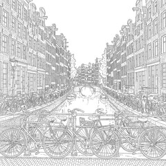 Vintage Amsterdam Canal Scene with Bicycles and Historic Buildings.