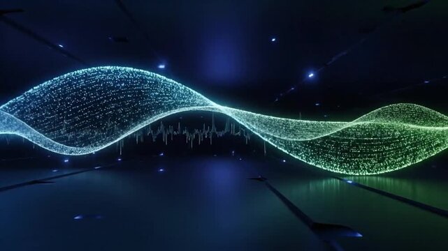 Abstract digital data visualization features flowing particle waves in dark studio environment with cinematic lighting and rhythmic motion
