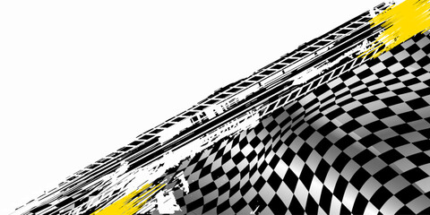 Rally racing sport grunge background, vector checkered flag and tire tracks road race pattern.