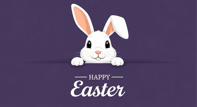 Cute white Easter bunny peeking over a purple background with 'Happy Easter' text below, celebrating the spring holiday.