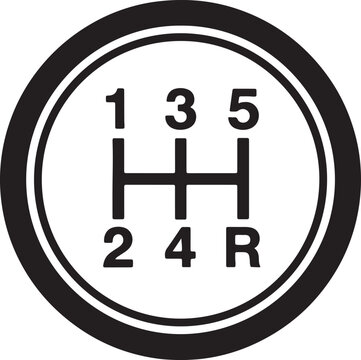 Black and white of a five speed manual transmission gear shift pattern inside a circle also transparent background