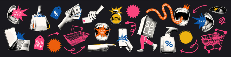 Sale, shopping and discount concept cut out trendy elements set for collage. Halftone hand holding paper bag, open mouths, shopping cart. Vintage stickers with doodles Modern retro vector illustration © ugguggu