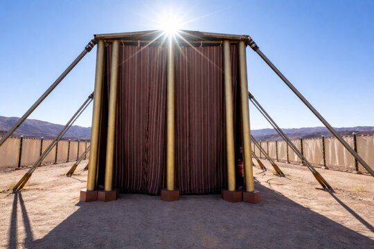 Sunburst over the Tabernacle courtyard gate with embroidered curtains in the desert wilderness