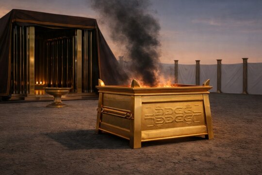 Golden altar before the tabernacle with rising smoke