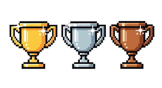 Retro pixel art trophy set featuring gold, silver, and bronze cups
