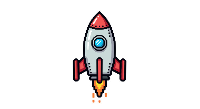 Pixel art rocket launch with retro style and bold colors