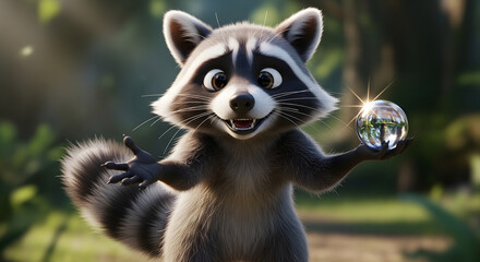 Fototapeta premium Charming 3D animated raccoon character holding a sparkling, shiny crystal sphere in its paw, standing in a vibrant green forest with dappled sunlight.