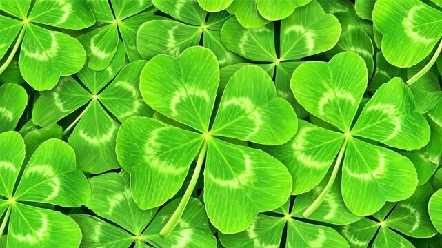 Four-leaf clover field representing luck and fortune. Panning shot of green shamrocks.