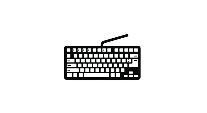 Simple black and white illustration of a computer keyboard with a cable
