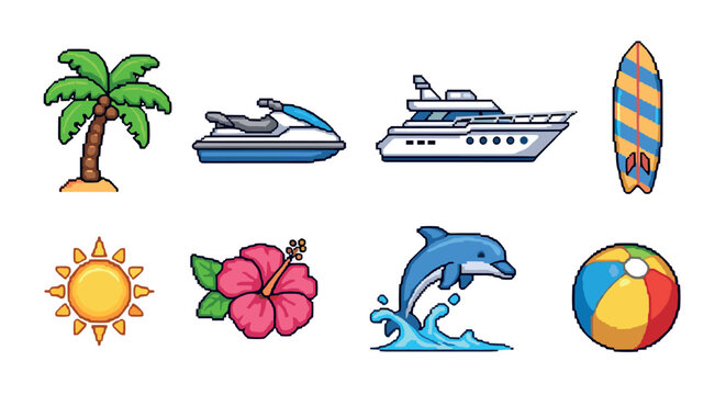 Tropical beach theme pixel art icons: palm, boat, flowers, dolphin, and more