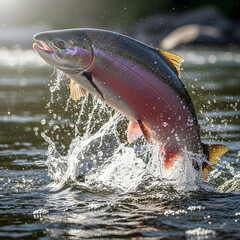 Obraz premium Splashing Leap of the Rainbow Trout: A magnificent rainbow trout bursts from the water, creating a dynamic display of motion, a vibrant spectacle of aquatic life.
