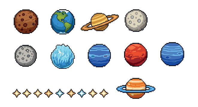 Pixel art planets and stars set with earth, saturn, and more celestial bodies