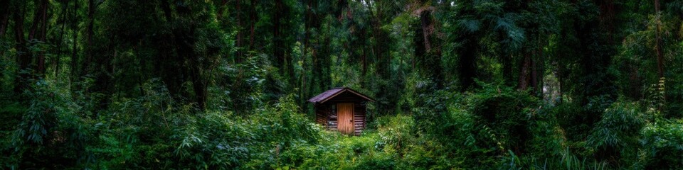 Solitary wooden cabin surrounded by dense forest vegetation