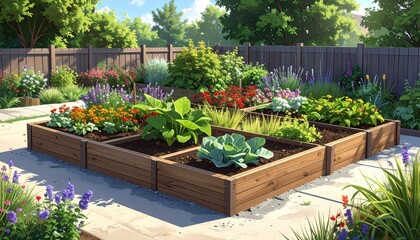 Obraz premium Raised garden bed with fresh vegetables and flowers in sunny backyard