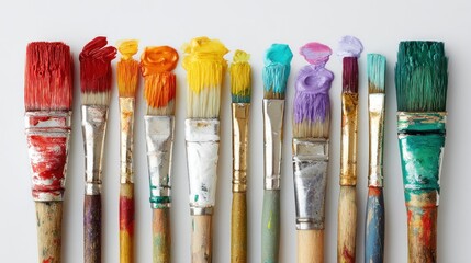 Fototapeta premium Close-up of paintbrushes lined up, each loaded with a different, vibrant color on a plain white background. The brushes are well-used and varied