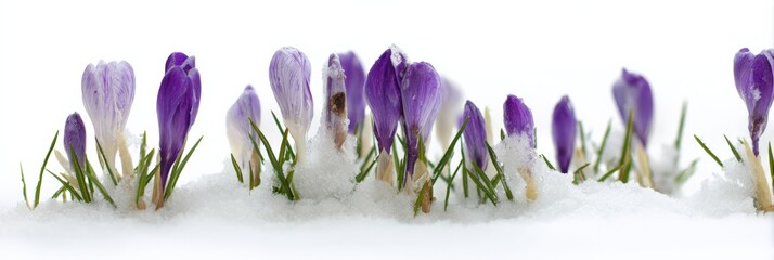 Naklejka premium Vibrant purple crocuses emerging through snow in early spring