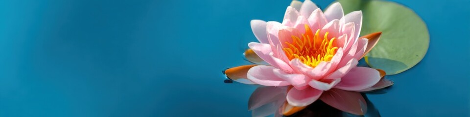 Beautiful pink water lily floating on tranquil blue pond surface