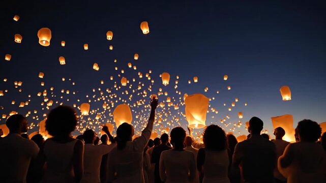 Festival of lanterns celebration with people releasing sky lanterns at sunset. Festival atmosphere includes joyful participants dressed in white, sharing a moment under the night sky.