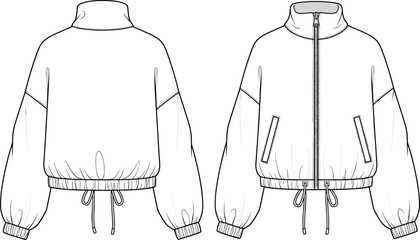 Women Bomber Jacket Technical Sketch, Oversized Windbreaker Fashion Flat Illustration © ASH Labs