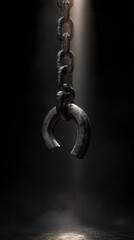 Broken steel shackle falling chain link liberation freedom concept overcoming adversity dark moody industrial cinematic lighting