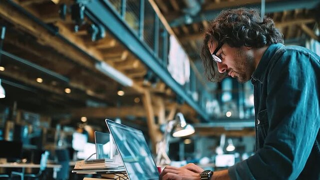 Young Asian businessman focused on typing at a standing desk in a bright open-plan coworking space showcasing productivity and modern work culture in a collaborative environment.