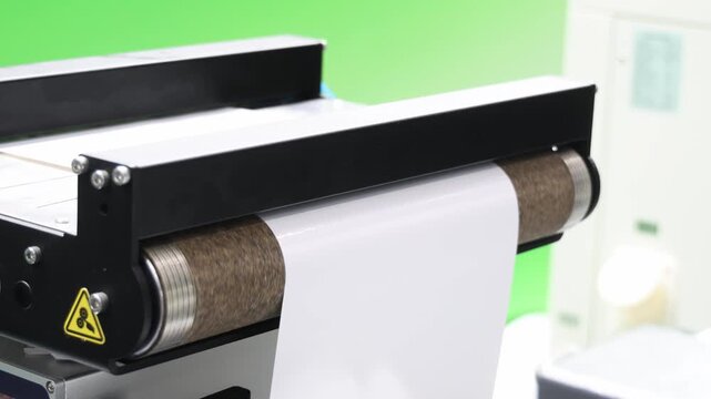 High resolution Industry printer close up. Industrial inkjet printer in operation. printing pattern on large sheet of fabric or paper. Automate printer for modern printing and digital print technology