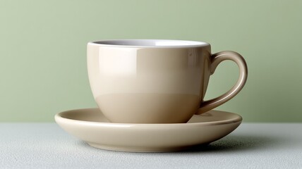 Fototapeta premium Minimalist beige ceramic coffee cup on matching saucer